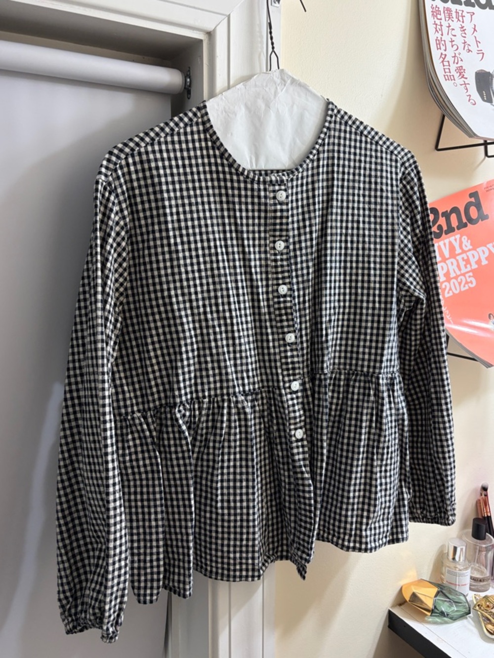 OLIVE Black & White Gingham Button-Front Peplum Top